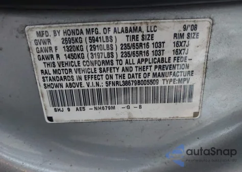2009 Honda Odyssey Ex-L z USA, uszkodzony, nr VIN 5FNRL38679B005509
